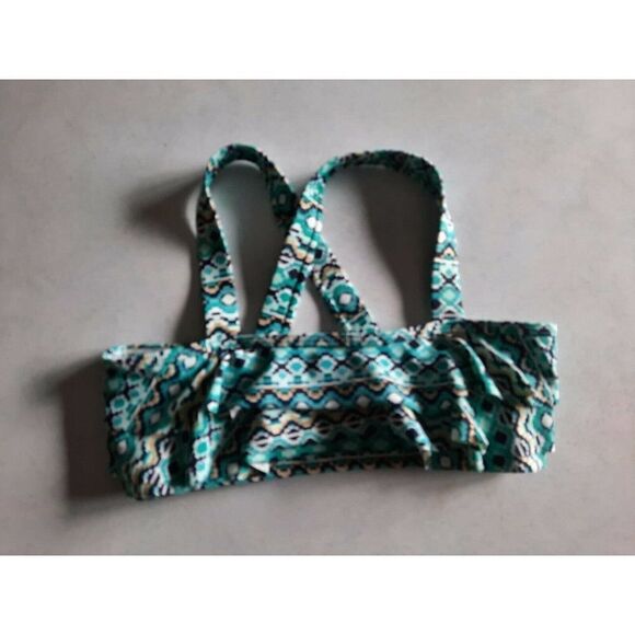 LAND'S END GIrls Size 12S Ruffle Flounce Bikini Top Teal Navy Cross Back